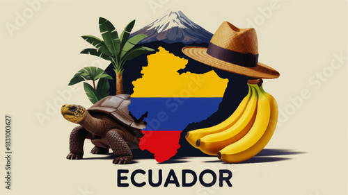 Ecuador travel concept illustration with Galapagos tortoise, bananas, Panama hat, tropical plants, Andes mountain and flag map