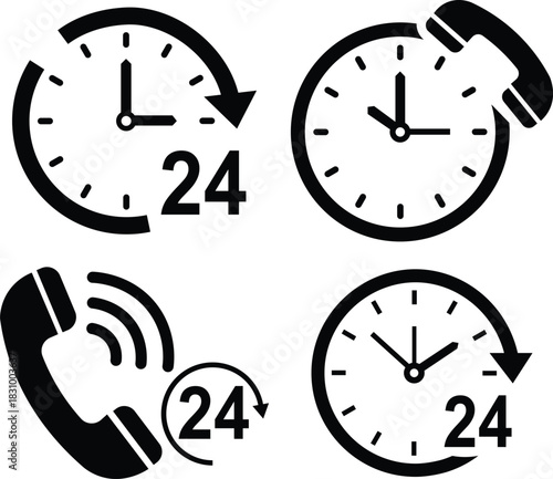 Four black icons showing 24 hour service with clocks and phone receivers time telephone