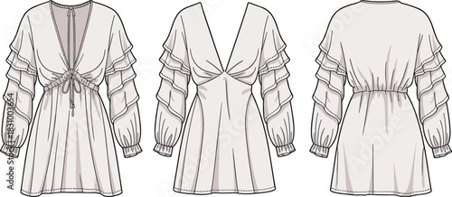 Ruffled long-sleeved blouse sketch, drawstring neckline and flared hem detail, front, back, side view cad vector illustration