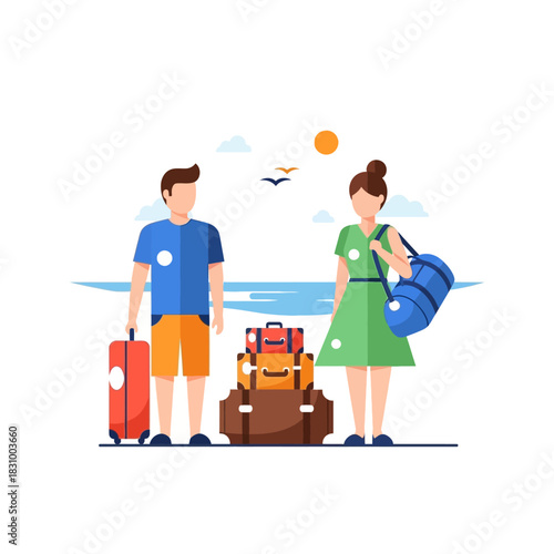 Couple embarking on a coastal journey filled with suitcases against idyllic backdrop of beach and