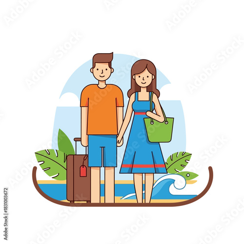 Happy young couple on tropical island vacation with luggage and beach scenery together