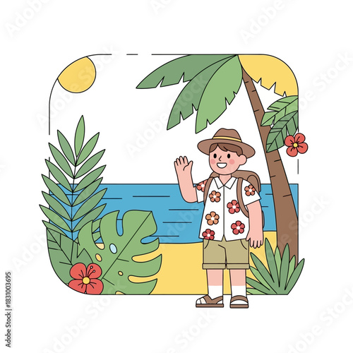 Cartoon tourist character enjoying tropical vacation with palm trees and blue ocean scenery near