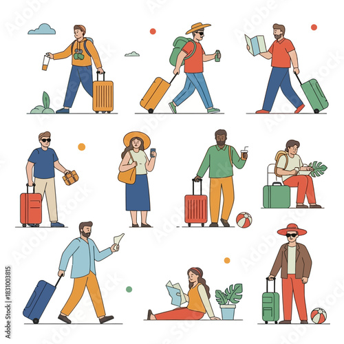 Diverse travelers in varied poses with luggage, showcasing the joys of exploration and global