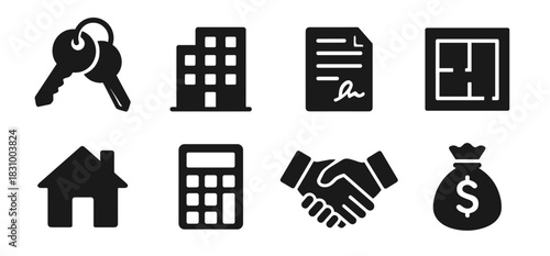 Real estate icon collection in black. Includes keys, building, contract, floor plan, house, calculator, handshake and money bag.