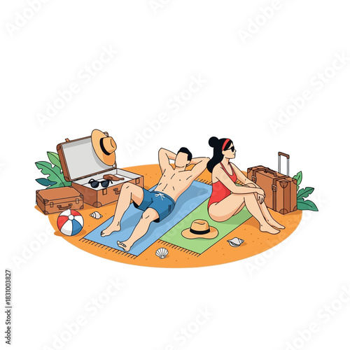 Relaxing summer vacation: A couple enjoys sunbathing on a tropical beach paradise escape