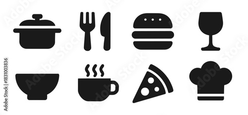 Food and cooking icon collection in black. Includes cooking pot, fork and knife, burger, wine glass, bowl, coffee cup, pizza slice and chef hat