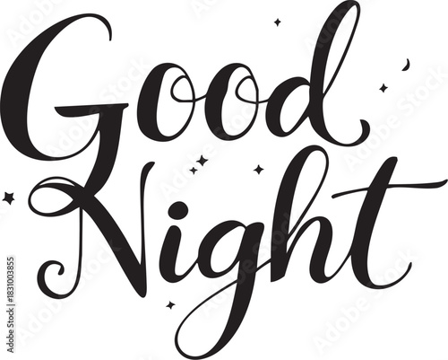 Simple Good Night Script Vector: Elegant Calligraphy Lettering Sleep Greeting Graphic Art Black and White