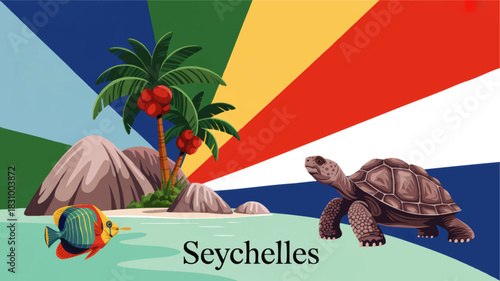 Seychelles travel illustration with tropical island palm trees, flag colors, giant tortoise and exotic reef fish in turquoise lagoon