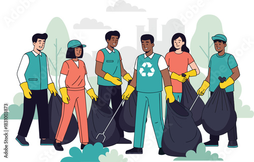 Flat Vector Illustration: Environmental Clean-up Team