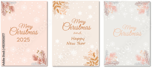 Merry Christmas and Happy New year greeting cards set Holiday decoration. Scandinavian style. Ready for print. Modern elegant design. Vector illustration.