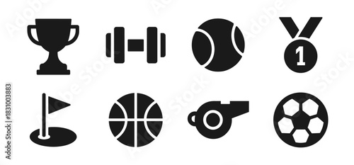 Sports icon collection in black. Includes trophy, dumbbell, tennis ball, medal, golf flag, basketball, whistle and soccer ball
