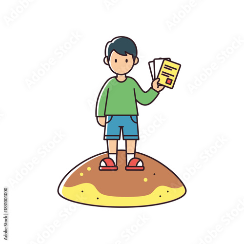 Illustrative depiction of a youthful individual exhibiting papers atop a sandy surface design