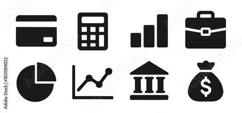 Finance icon collection in black. Includes credit card, calculator, bar chart, briefcase, pie chart, line graph, bank building, and money bag