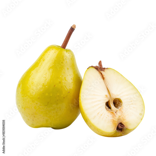 Fresh Pear Sliced Showing Juicy Texture and Green Leaf on a Clean White Backg...