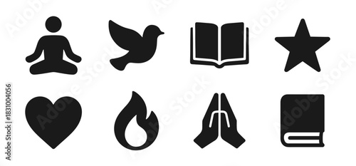 Spiritual icon collection in black. Includes meditation figure, dove, open book, star, heart, flame, praying hands and closed book