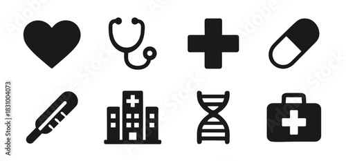 Medical icon collection in black. Includes heart, stethoscope, cross, pill, thermometer, hospital, dna and first aid kit. The icons are simple, bold, and clear for universal healthcare use