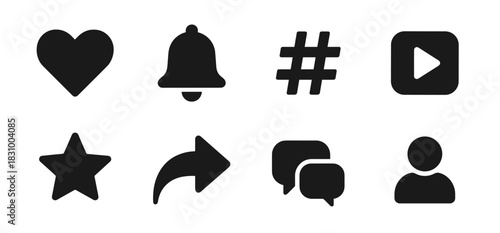 Social media icon collection in black. Includes heart, bell, hashtag, play button, star, share arrow, chat bubbles and user profile. The icons are simple, bold, and clear for universal digital use