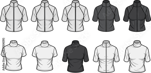 Short sleeve high neck top fashion sketch, garment design variation set, clothing flat drawing, cad drawing flat vector illustration