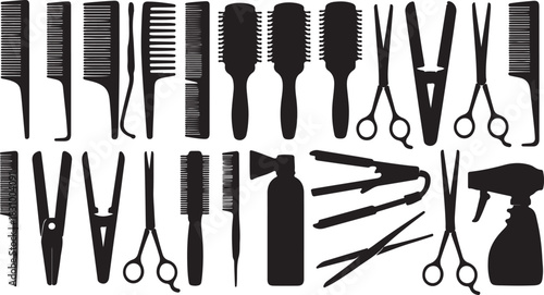 Diverse Collection of Hairdressing Tools and Accessories in Black and White Vector Silhouette