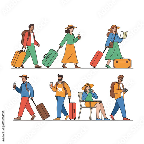 Diverse group of vacationers with luggage exploring destinations or journeying worldwide