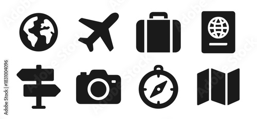 Travel icon collection in black. Includes globe, airplane, suitcase, passport, direction sign, camera, compass and folded map. The icons are simple, bold, and clear for universal travel use