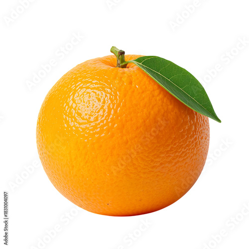 Fresh Orange With Green Leaf Resting on White Background