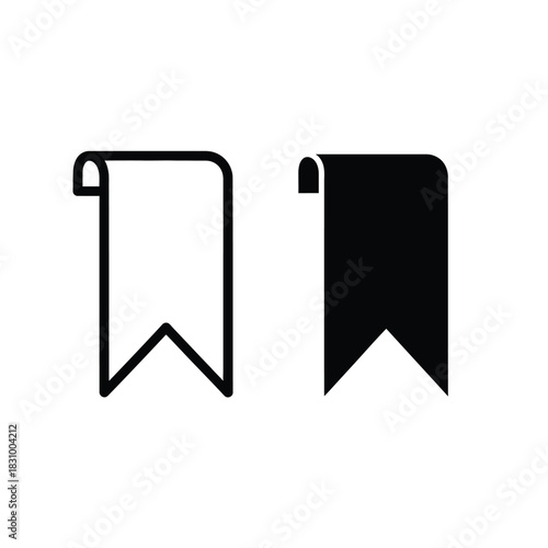 Two ribbon bookmark icons, one outlined and one solid black, on a white background representing favorites