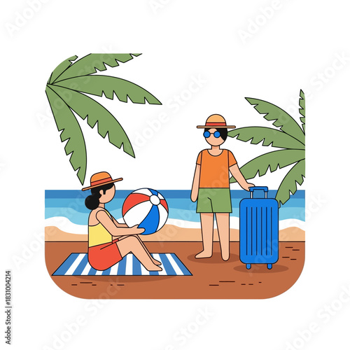 Summer escape illustration: cartoon characters enjoying beach vacation with palm trees