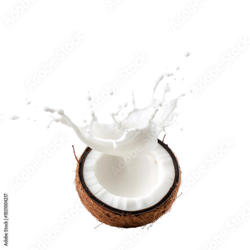 Coconut Shell Filled With Splash of Milk on White Background Creating Dynamic...