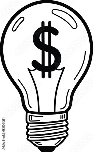 Doodle simple lightbulb with a dollar sign icon, hand-drawn solid black on white, indicating monetized idea, quick business sketch