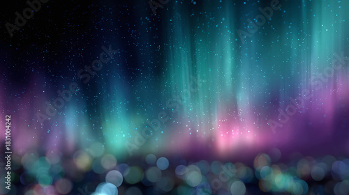 Aurora borealis lights over a city at night, with a blurred bokeh effect