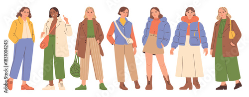 Women In Winter Fashion Outfits Illustrated As Flat Cartoon Characters, Featuring Trendy Urban Street Style Clothing And Vector Couture Models For Seasonal Style, Design, And Lifestyle Projects