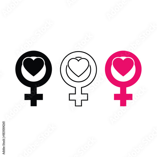 Female gender symbol with heart icon variations: black, outline, and pink. representing love, womanhood, feminism.