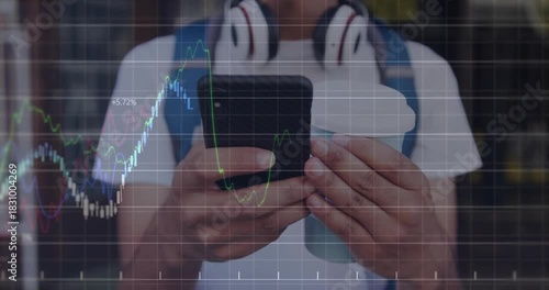 Commuter tapping smartphone and pointing, activating animated market charts while monitoring stocks