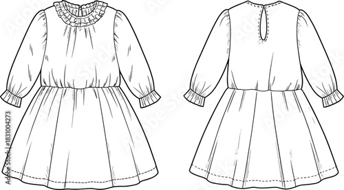 Ruffled collar puff sleeve girl’s dress sketch, gathered waist, keyhole back, cad drawing flat vector illustration