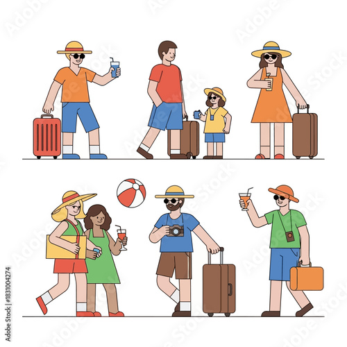 Flat illustration depicting diverse families embarking on exciting vacation trips and adventures
