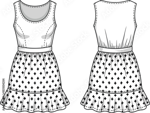 Sleeveless gathered skirt dress sketch, front and back fashion view, ruffled hem detail, cad drawing flat vector illustration