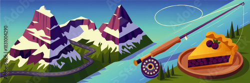 Scenic mountain road with fly fishing river and blueberry pie slice, colorful flat vector illustration for travel and outdoor lifestyle design