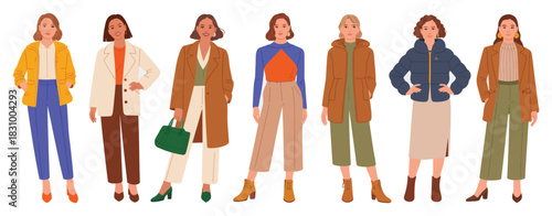 Women In Winter Fashion Outfits Illustrated As Flat Cartoon Characters, Featuring Trendy Urban Street Style Clothing And Vector Couture Models For Seasonal Style, Design, And Lifestyle Projects