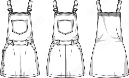 Denim overall dress fashion sketch, front and back garment template, belted bib design, cad drawing flat vector illustration