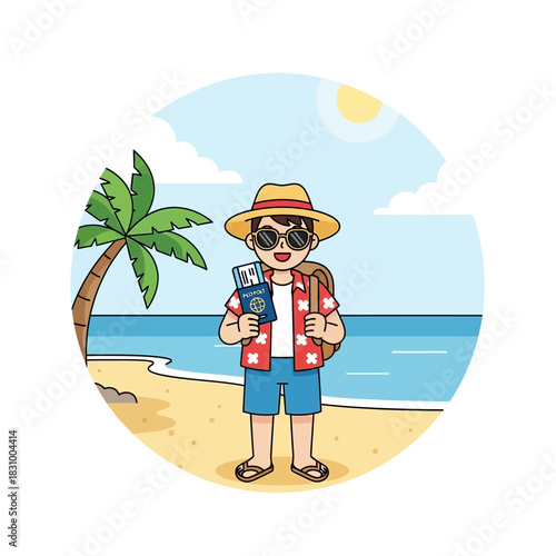 Animated traveler enjoys tropical beach vacation with passport and boarding pass anticipation