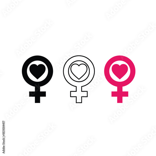 Female gender symbol with heart icon variations: solid black, outline, and pink, representing love and womanhood