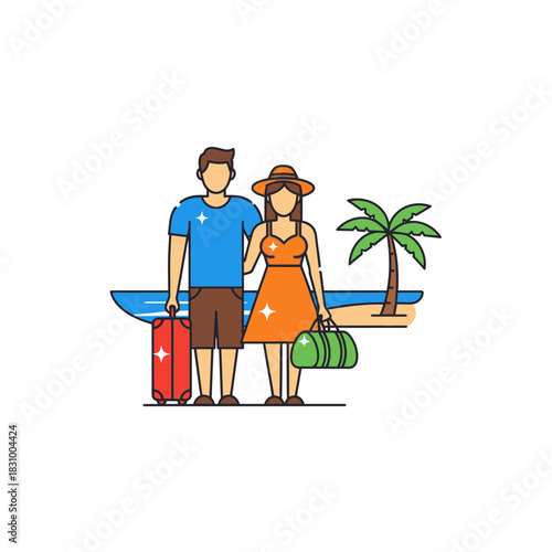 Vector illustration depicting a couple enjoying a tropical beach vacation getaway with baggage and