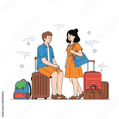 Young couple ready for adventure: Anticipating the journey with luggage and excitement displayed
