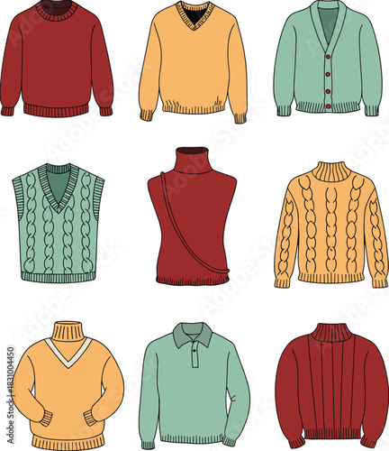 Sweater collection vector set, cable-knit styles, pullover, cardigan, vest, turtleneck, fashion illustration, winter wear, cozy outfit design