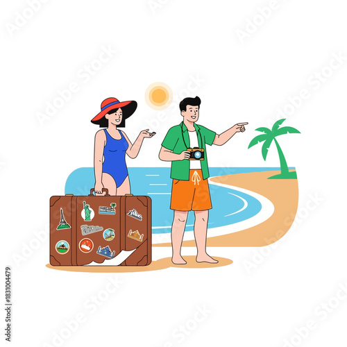 Couple's Tropical Getaway: Beach Vacation Bliss with Luggage and Island Anticipation