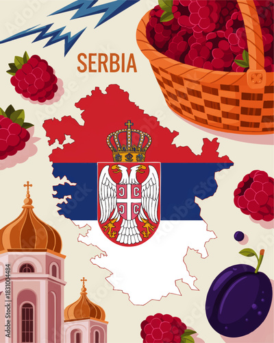 Serbia travel illustration with national flag map, raspberries, plum fruit and orthodox church domes, colorful Balkan tourism art