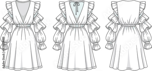 Women’s ruffle sleeve dress technical sketch, fashion flat template front back view, garment design cad drawing flat vector illustration