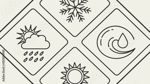 Illustrative weather forecast icons showing sunny, rainy, windy, and snowy conditions for modern app or engaging educational content about weather patterns