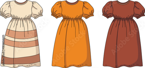 Puff sleeve dresses, striped, mustard, reddish brown, gathered waist, fashion flat sketch, stylish garment design, cad drawing flat vector illustration